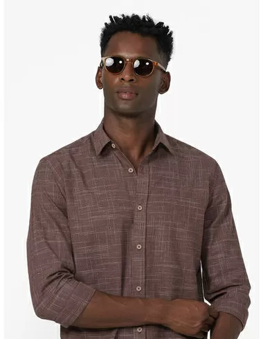 imagem de  Camisa Manga Longa Slub Mini Grid Areia/Marrom
