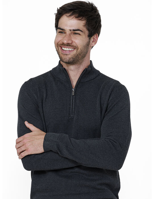 imagem de Tricot Meio Zíper Piquet Preto Mescla